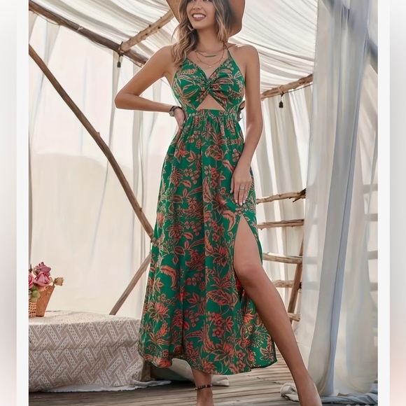 Floral Halter Maxi Dress - Green and Orange - Picture 3 of 5